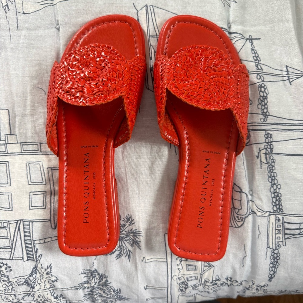 Pons Quintana Bright Red/Orange Woven Slide Mules
